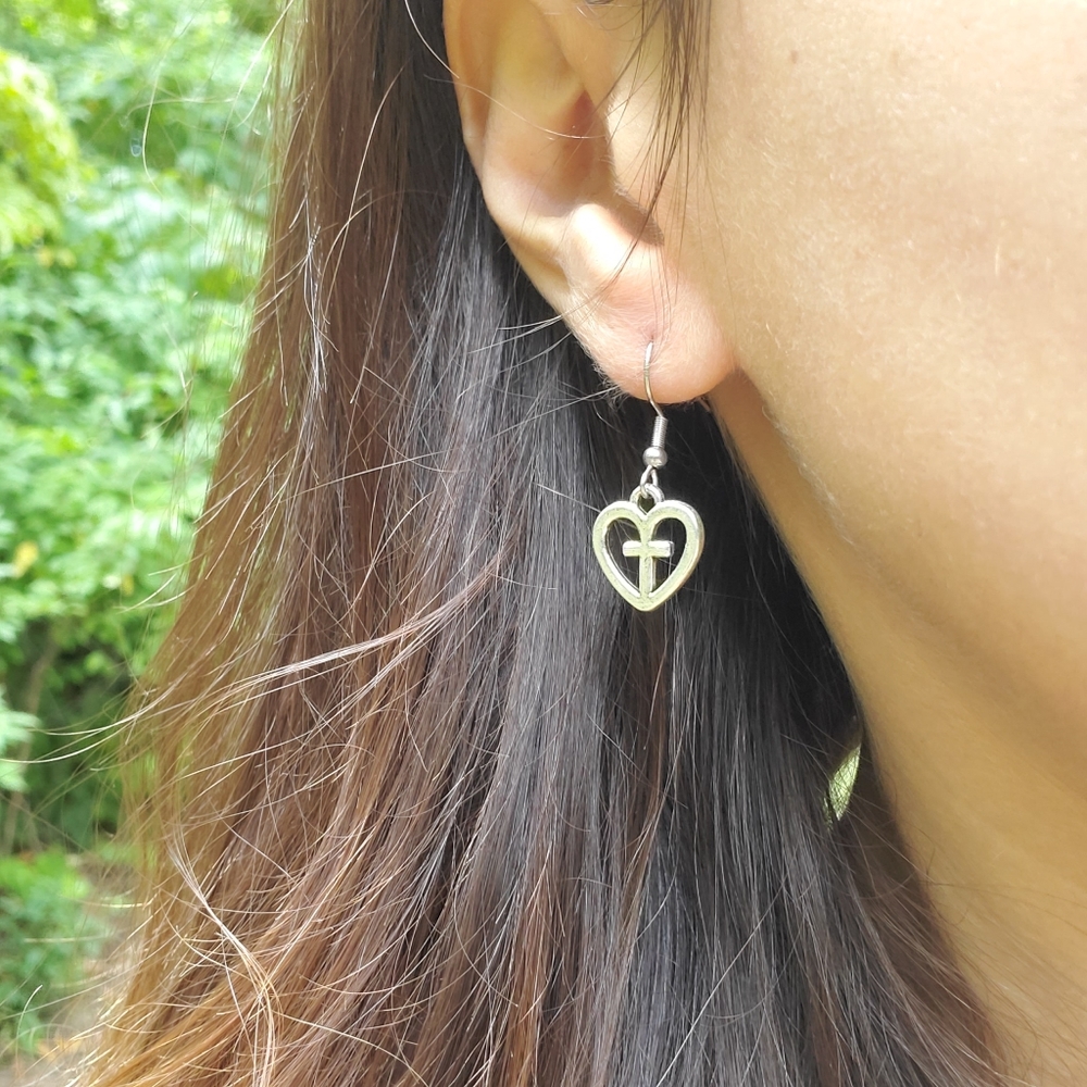 New Handmade Dainty Silver Cross Heart Earrings - Picture 11 of 15